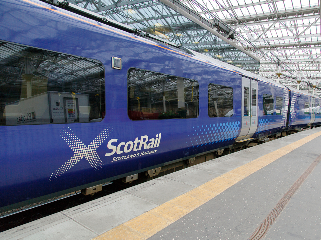 Close up of a blue ScotRail train on platform