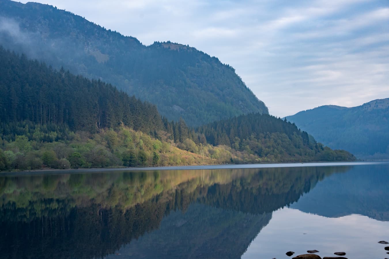 Loch Lubnaig in low light with still water and hills behind