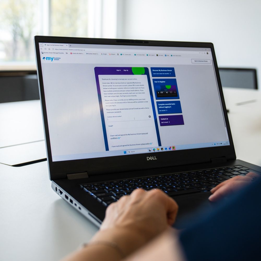 Woman at laptop showing log in page to My Business Stream