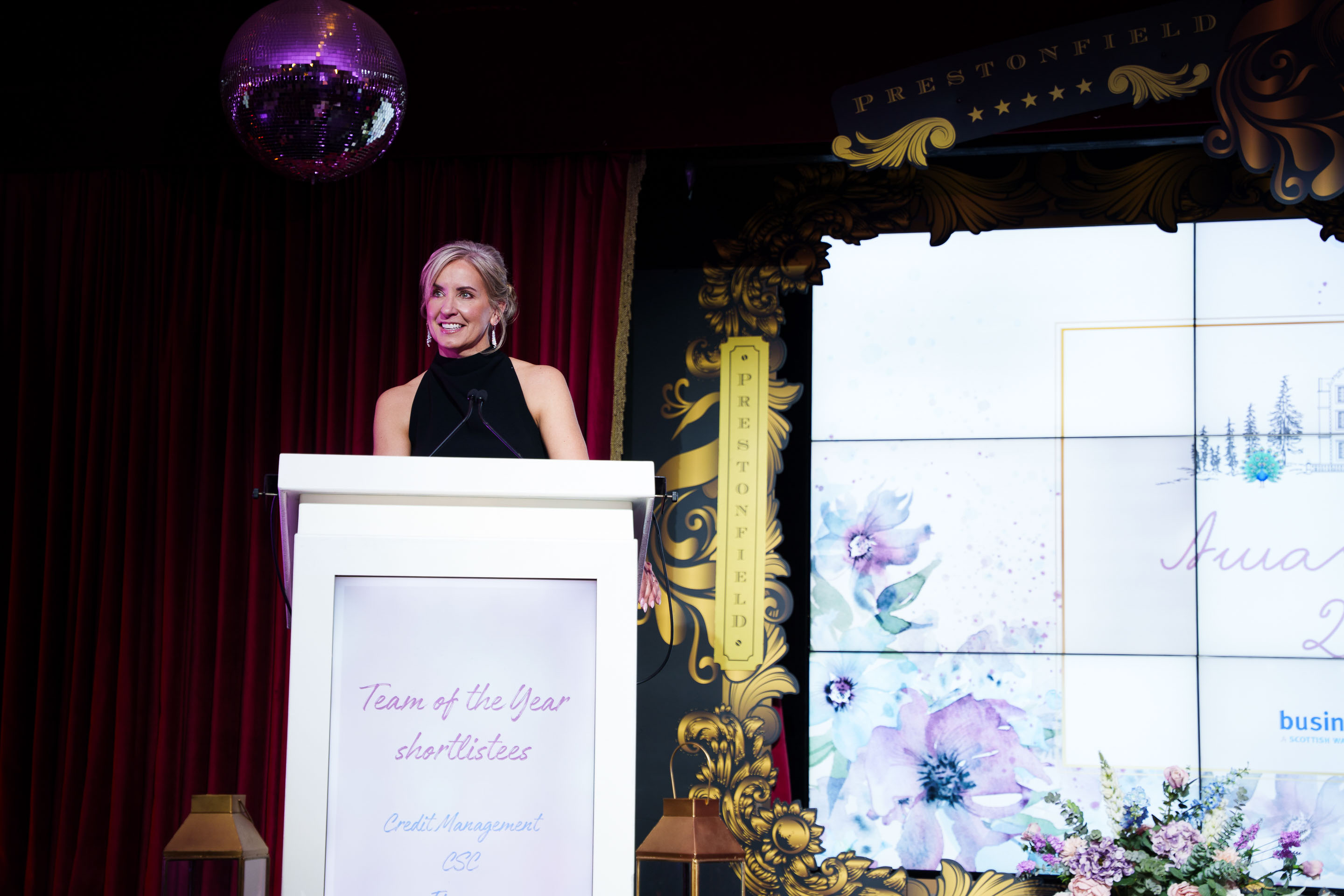 Business Stream CEO Jo Dow at lectern at Awards Night