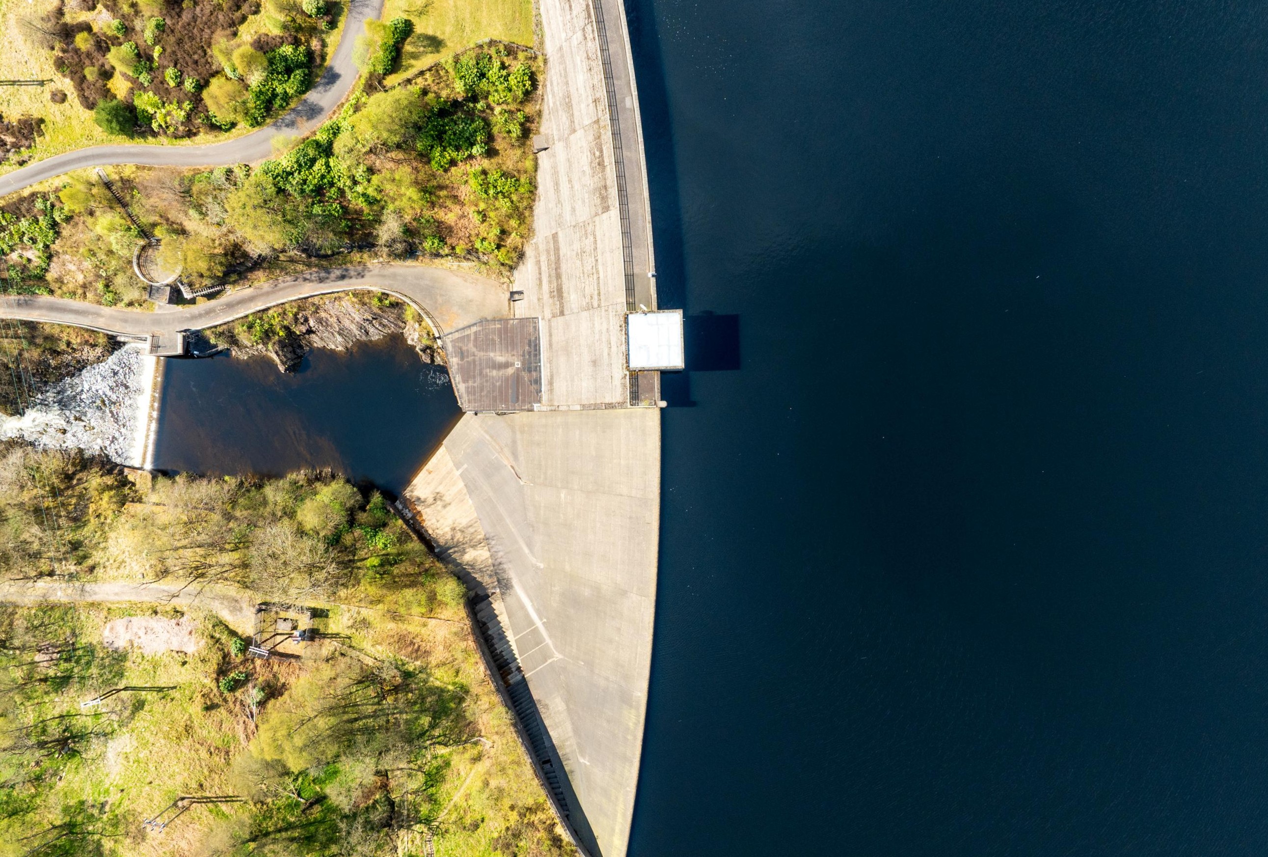 Drone view of dam at Glen Finglas reservoir