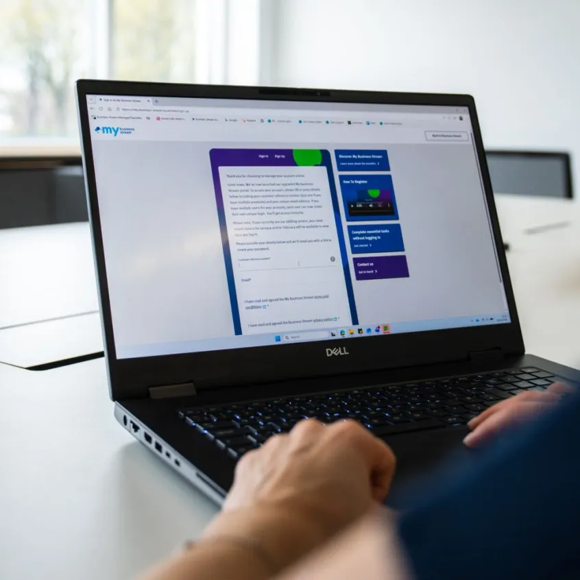 Woman at laptop showing log in page to My Business Stream