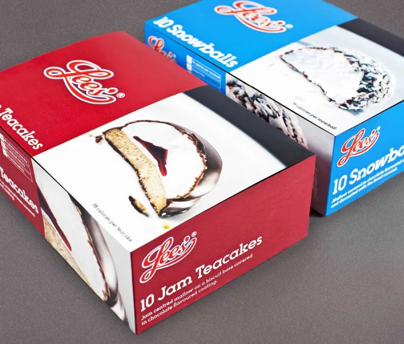 Close up of a box of Jam Teacakes and Snowballs