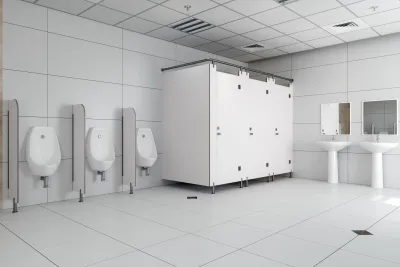 Public toilet in all white, showing cubicles and urinals